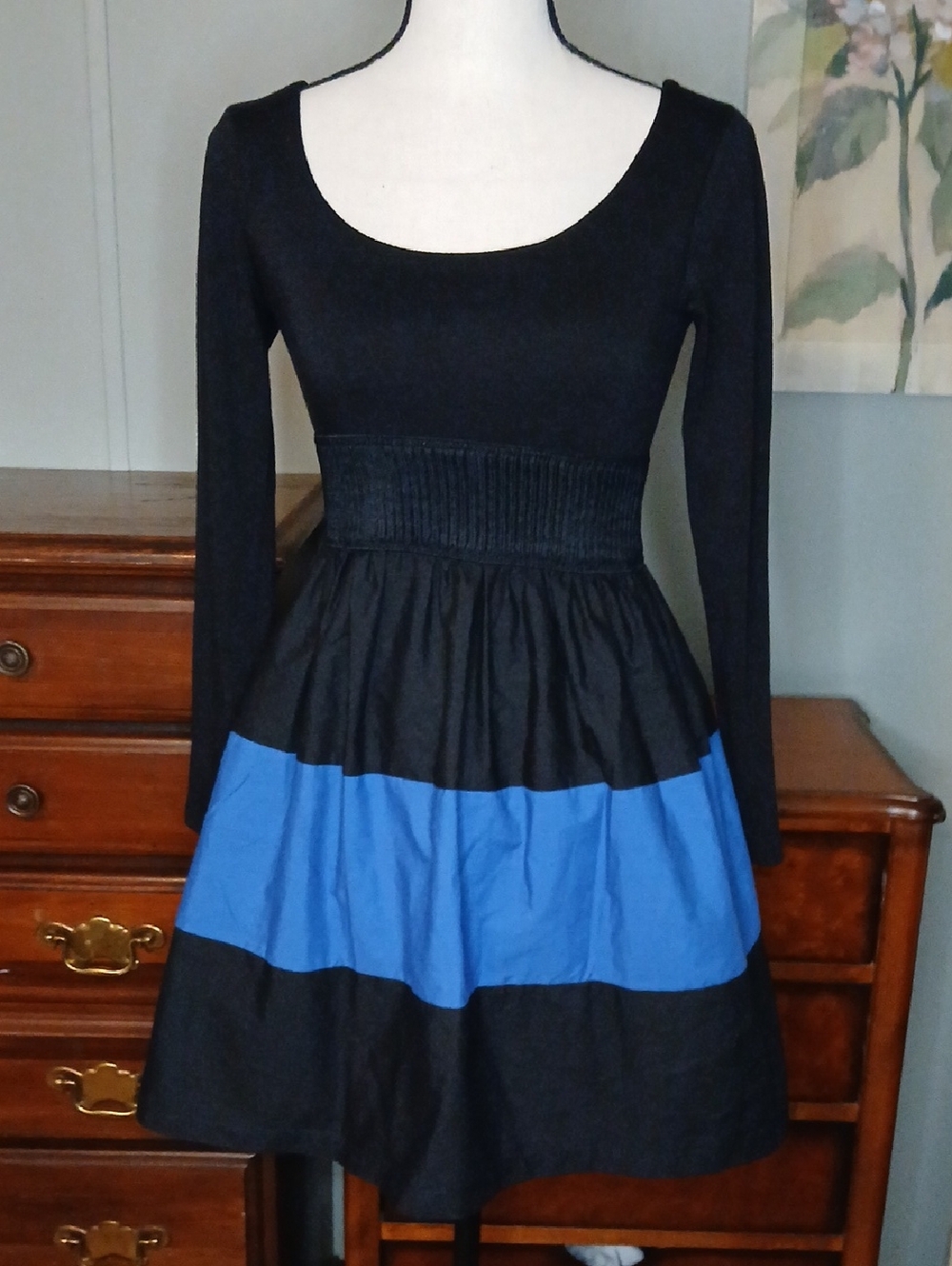 Ela Moss Black And Blue Stretch Longsleeve Dress S